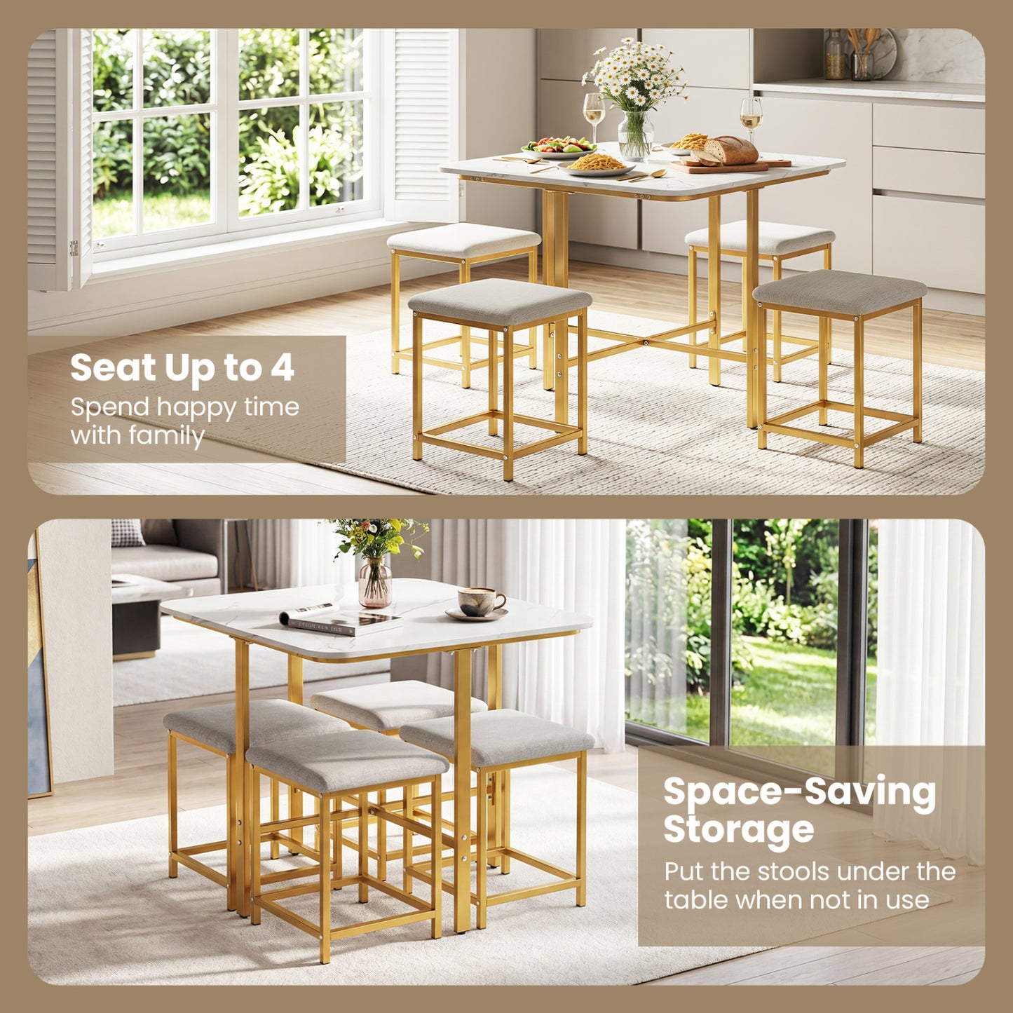 5-Piece Dining Table Set with 4 Upholstered Stools