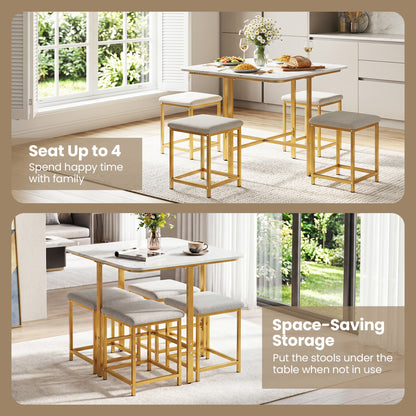 5-Piece Dining Table Set with 4 Upholstered Stools