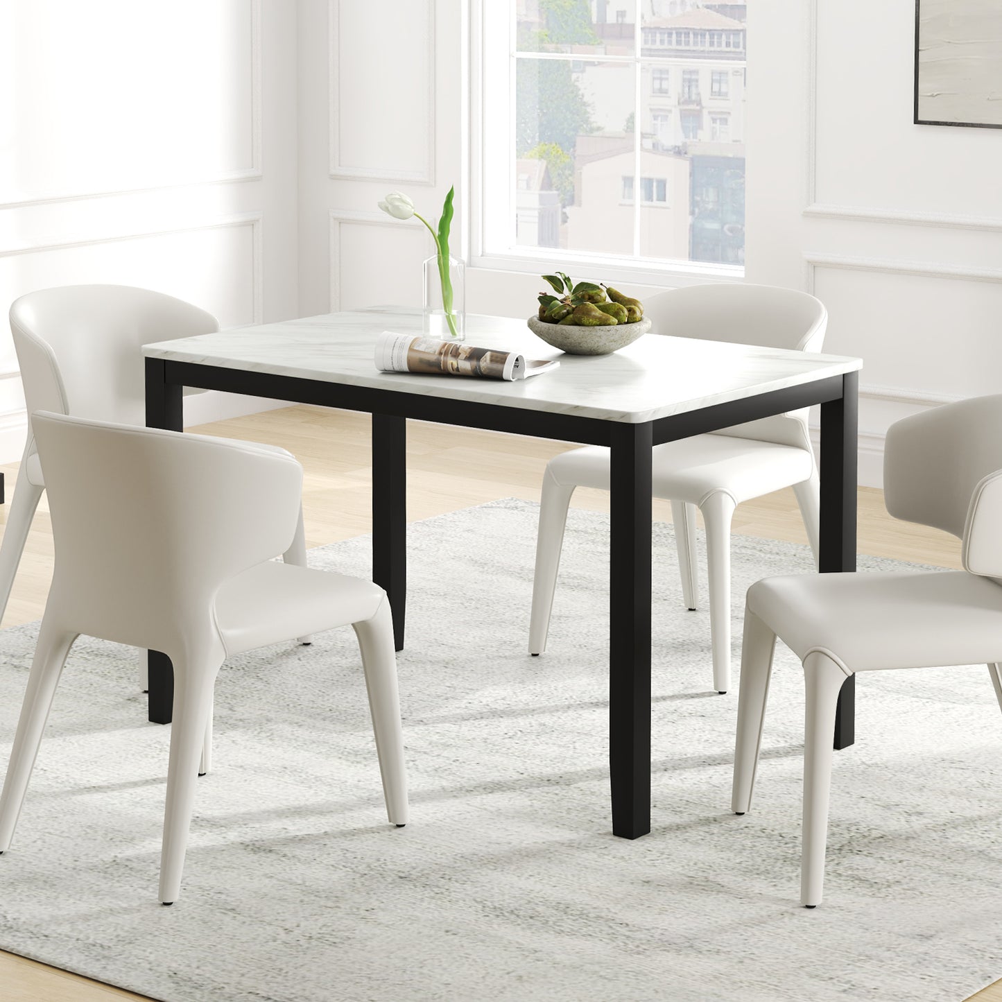 45 Inch Rectangular Mid Century Dining Table with Faux Marble Tabletop for 4 People-Black & White