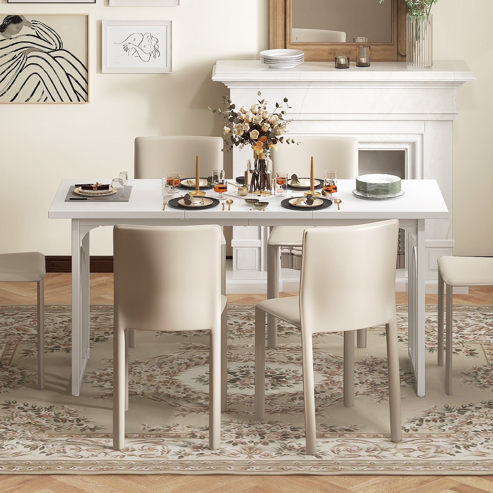 Dining Table for 6-8 People 63 Inch Rectangular Farmhouse Kitchen Table-White