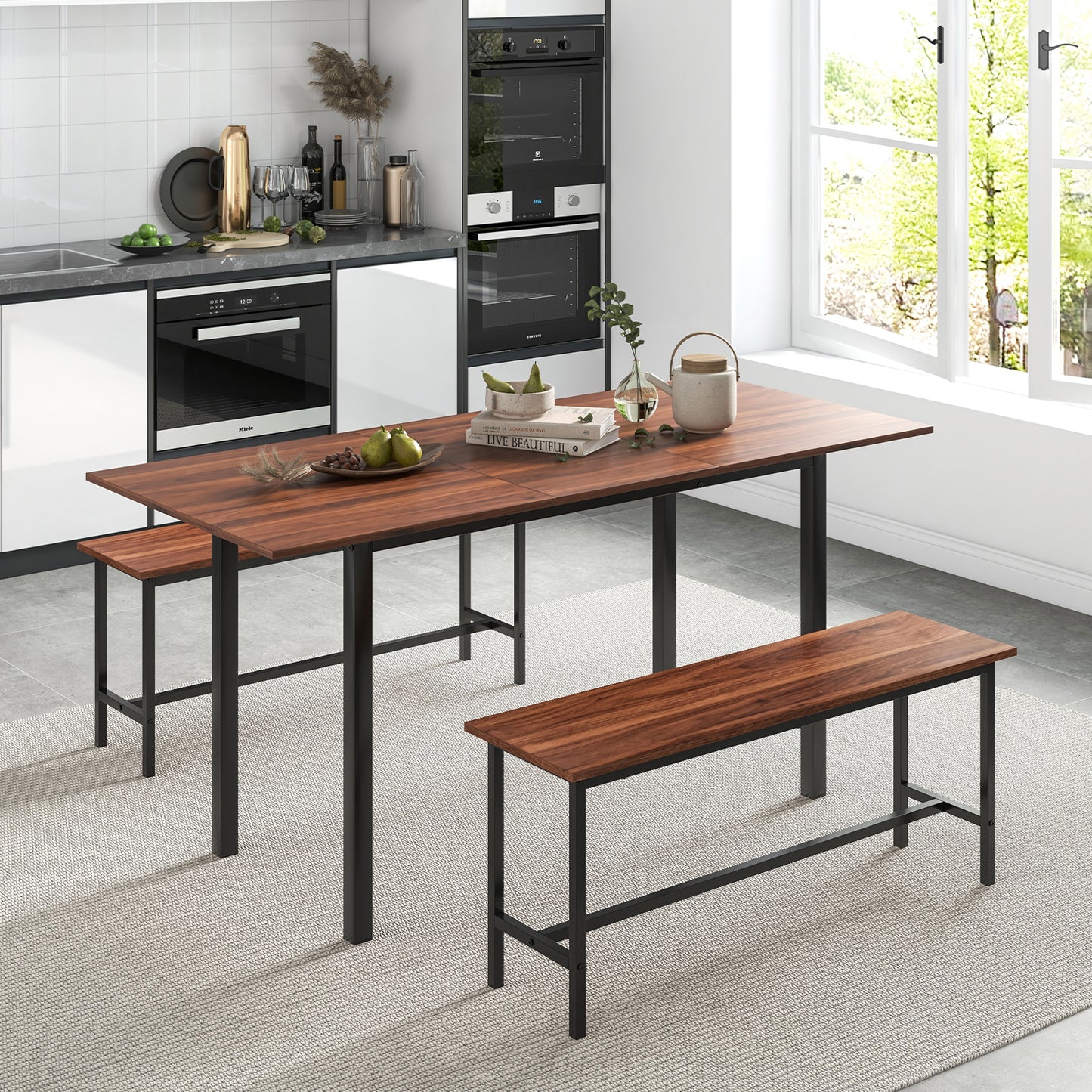 3-Piece Extendable Dining Table Set with 2 Benches