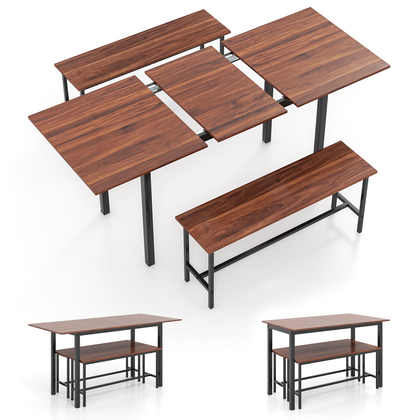 3-Piece Extendable Dining Table Set with 2 Benches