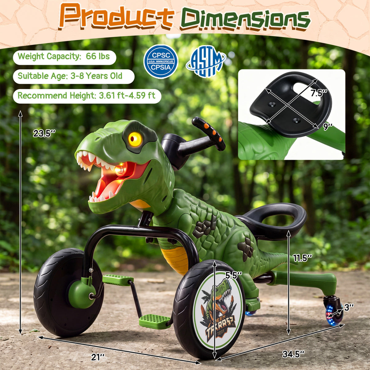 Dinosaur Drift Tricycle with Lights, Sound & Spray