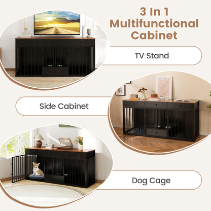 Dog Crate Furniture Indoor Modern Dog Kennel with Divider 3 Drawers and Pull-out Feeder