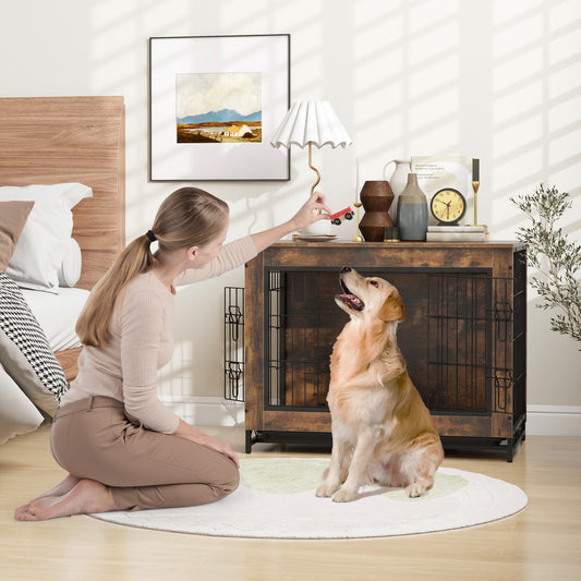 Dog Crate Furniture with Double Lockable Doors and Removable Pull-out Tray