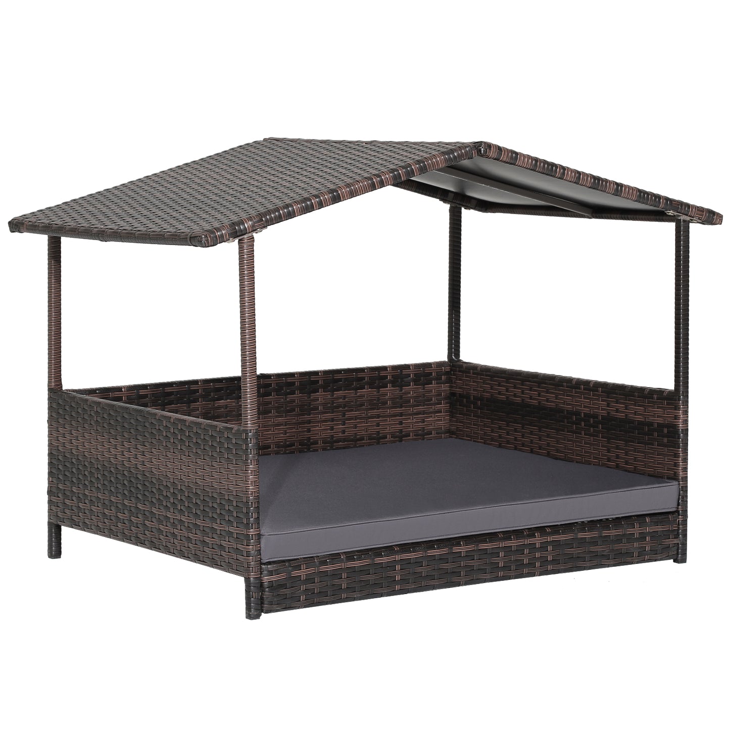 Wicker Dog House with Waterproof Roof and Washable Cushion Cover-Navy - Gray