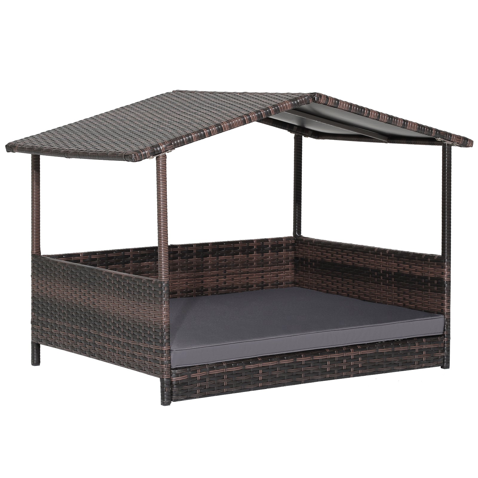 Wicker Dog House with Waterproof Roof and Washable Cushion Cover-Navy - Gray