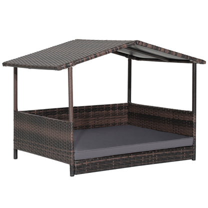 Wicker Dog House with Waterproof Roof and Washable Cushion Cover-Navy - Gray