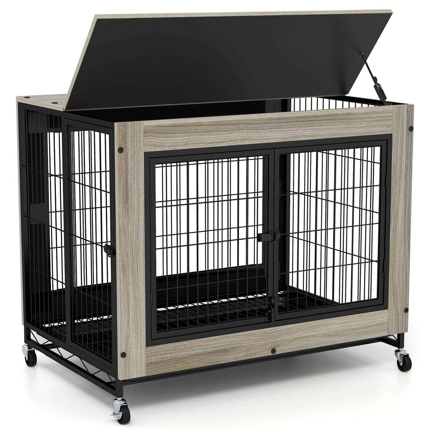 Industrial Dog Kennel with Flip-up Top 3 Lockable Doors and Removable Tray-Rustic Brown - Gray
