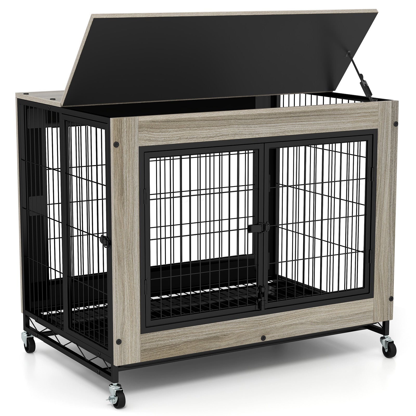 Industrial Dog Kennel with Flip-up Top 3 Lockable Doors and Removable Tray-Rustic Brown - Gray
