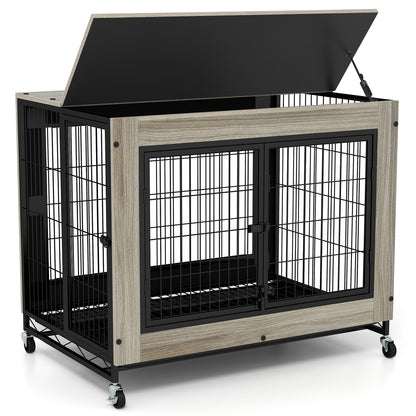 Industrial Dog Kennel with Flip-up Top 3 Lockable Doors and Removable Tray-Rustic Brown - Gray