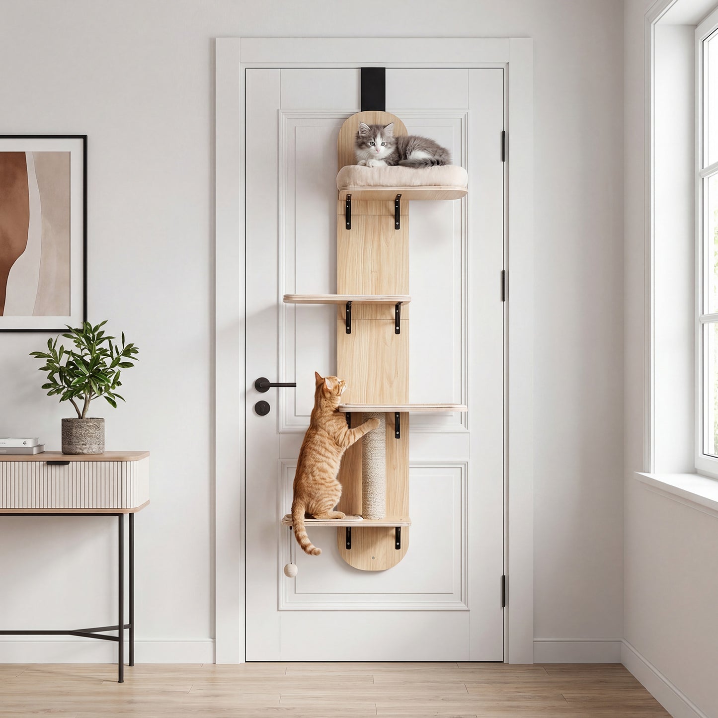 Door Hanging Cat Climber 4-level Height Adjustable with Plush Bed-Beige