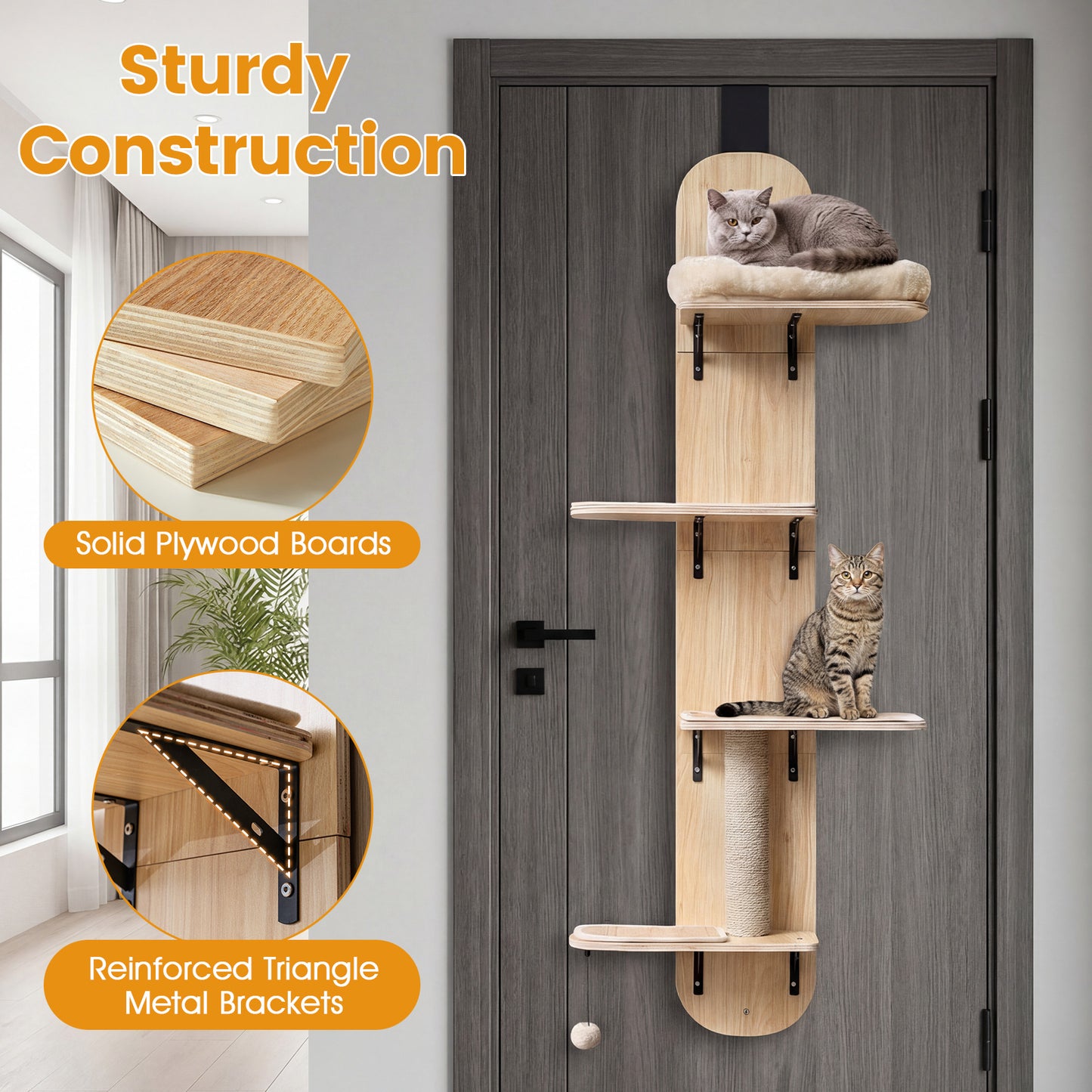 Door Hanging Cat Climber 4-level Height Adjustable with Plush Bed-Beige