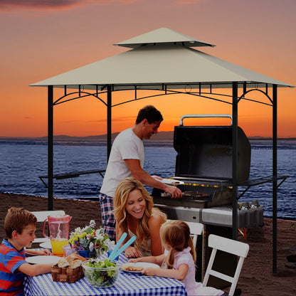 Outdoor Double-Tiered Grill Gazebo Canopy with 2 Shelves and 7 Hooks