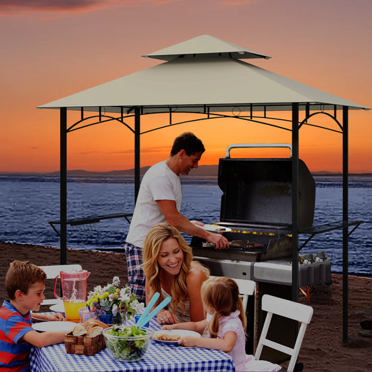 Outdoor Double-Tiered Grill Gazebo Canopy with 2 Shelves and 7 Hooks