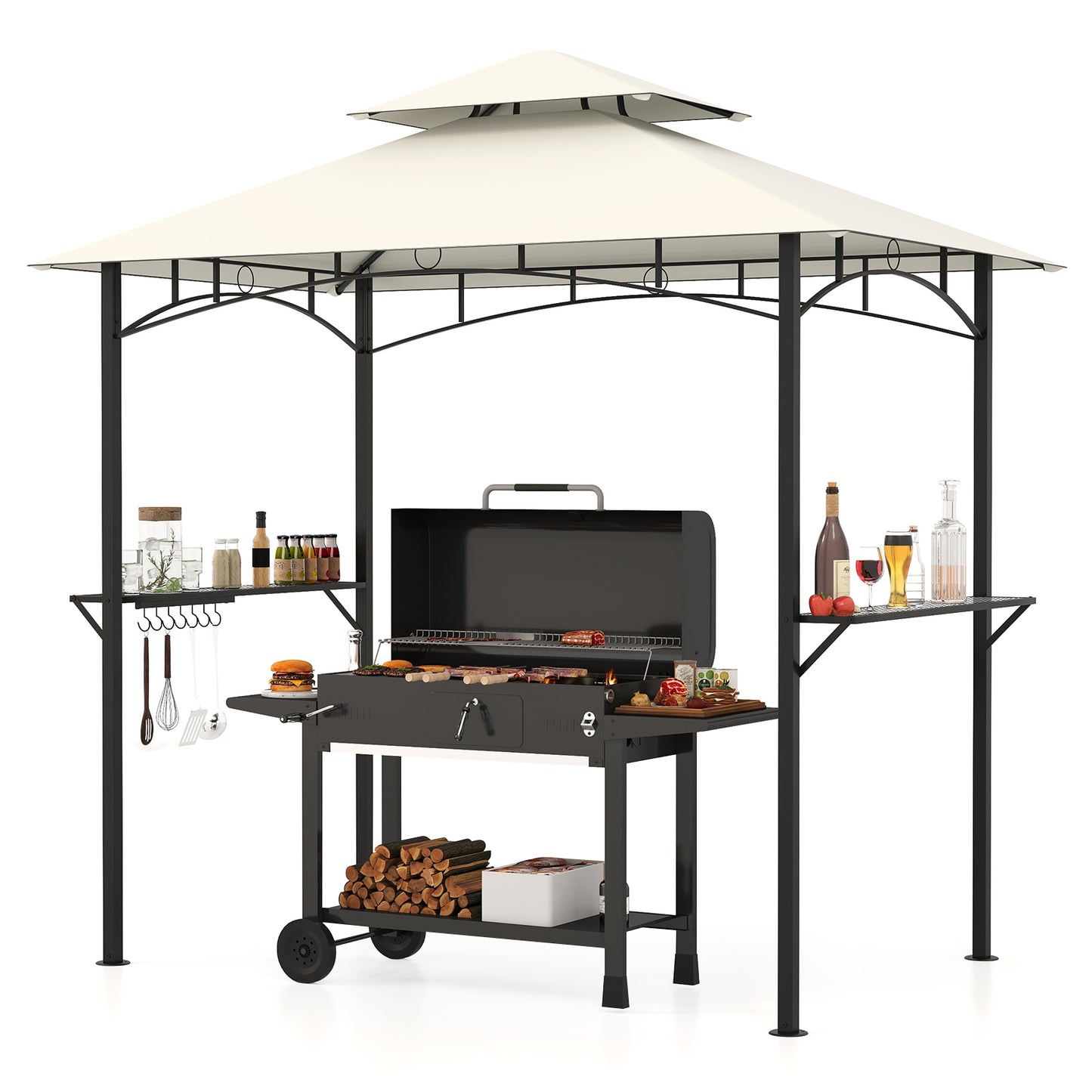 Outdoor Double-Tiered Grill Gazebo Canopy with 2 Shelves and 7 Hooks