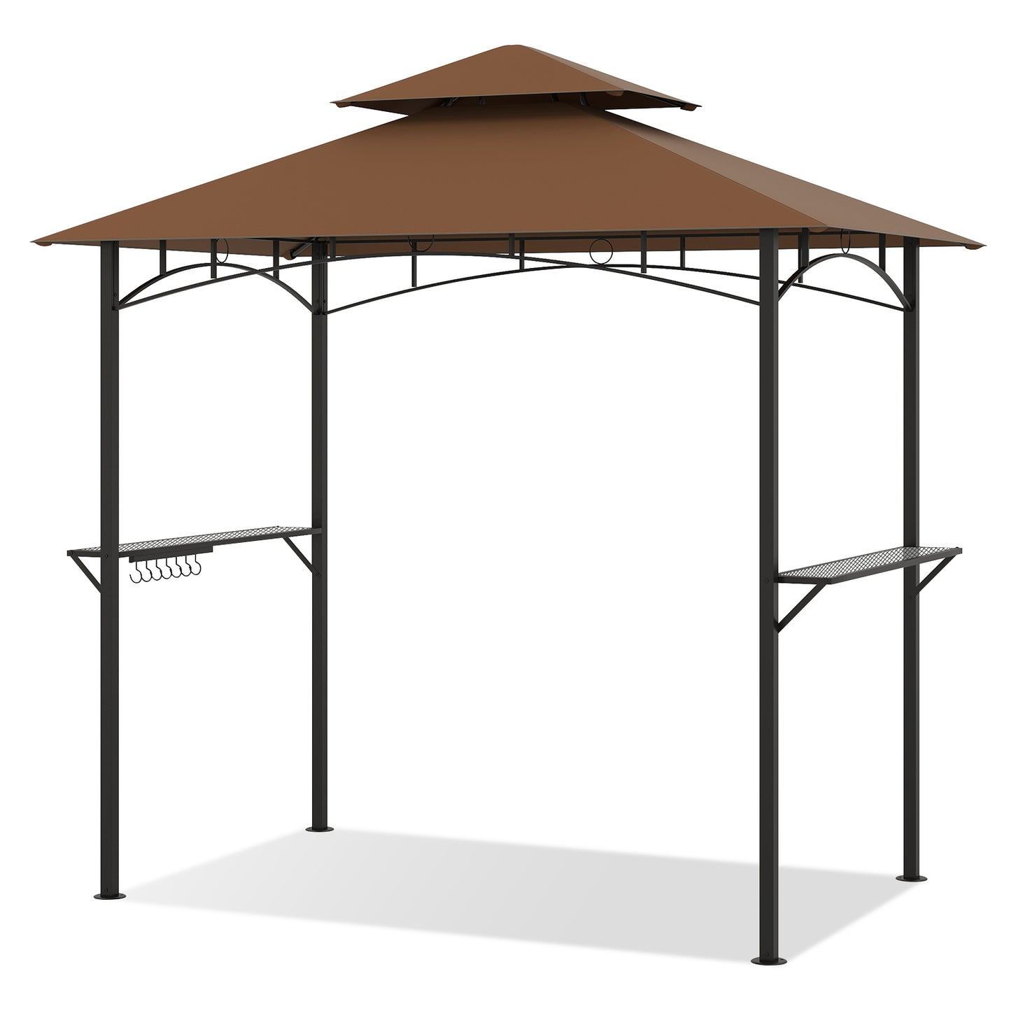 Outdoor Double-Tiered Grill Gazebo Canopy with 2 Shelves and 7 Hooks-Coffee - Coffee