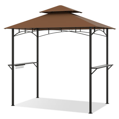 Outdoor Double-Tiered Grill Gazebo Canopy with 2 Shelves and 7 Hooks-Coffee - Coffee