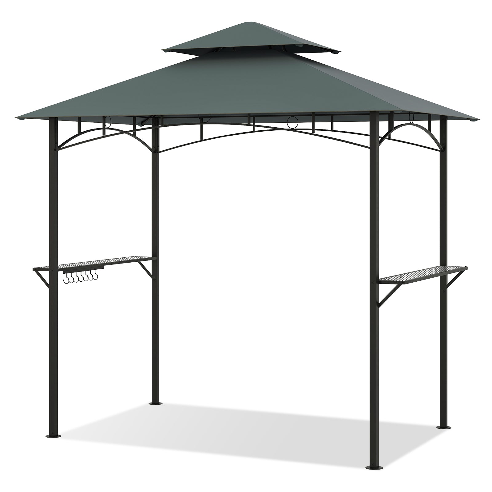 Outdoor Double-Tiered Grill Gazebo Canopy with 2 Shelves and 7 Hooks-Coffee - Gray