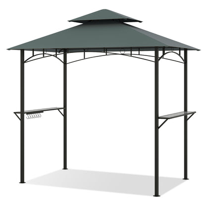 Outdoor Double-Tiered Grill Gazebo Canopy with 2 Shelves and 7 Hooks-Coffee - Gray