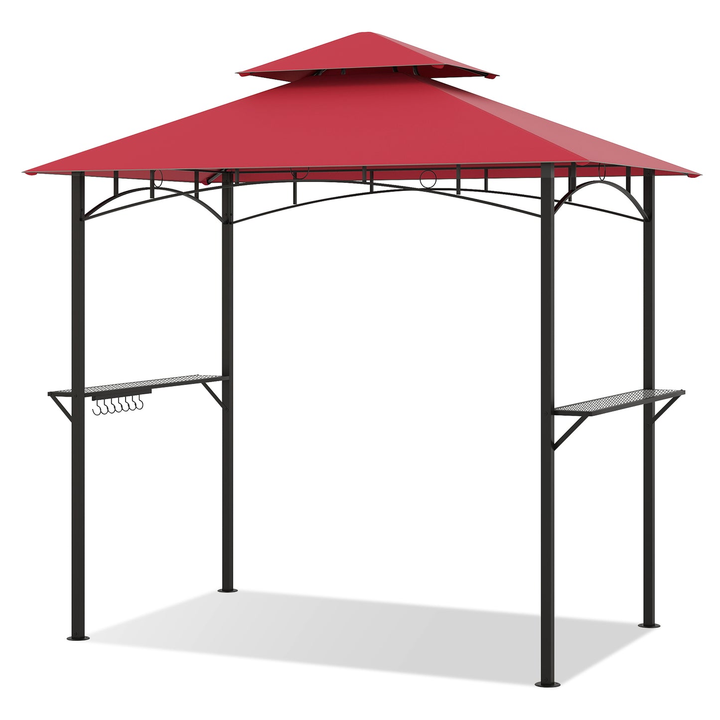 Outdoor Double-Tiered Grill Gazebo Canopy with 2 Shelves and 7 Hooks-Coffee - Red