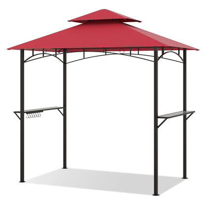 Outdoor Double-Tiered Grill Gazebo Canopy with 2 Shelves and 7 Hooks-Coffee - Red