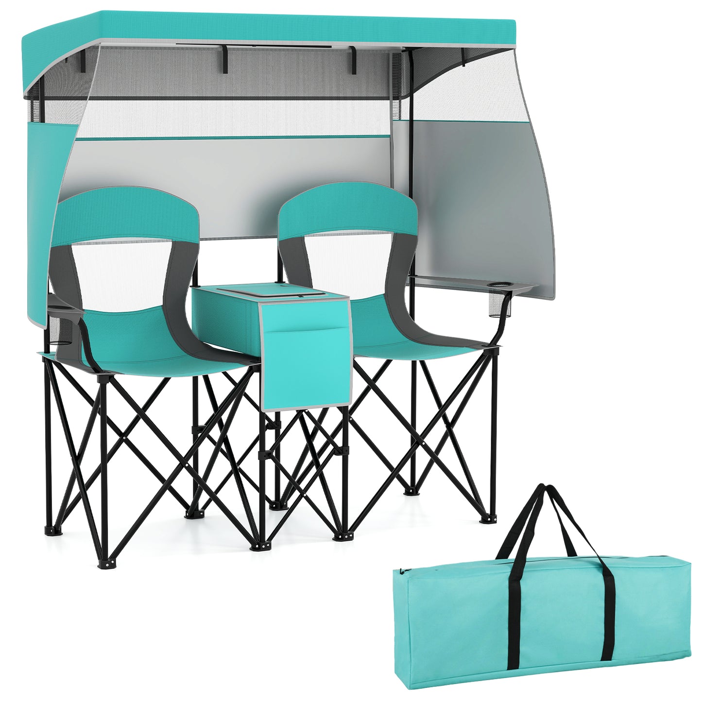 Double Beach Chair with Adjustable Canopy and 3 -Side Shading Curtains-Turquoise