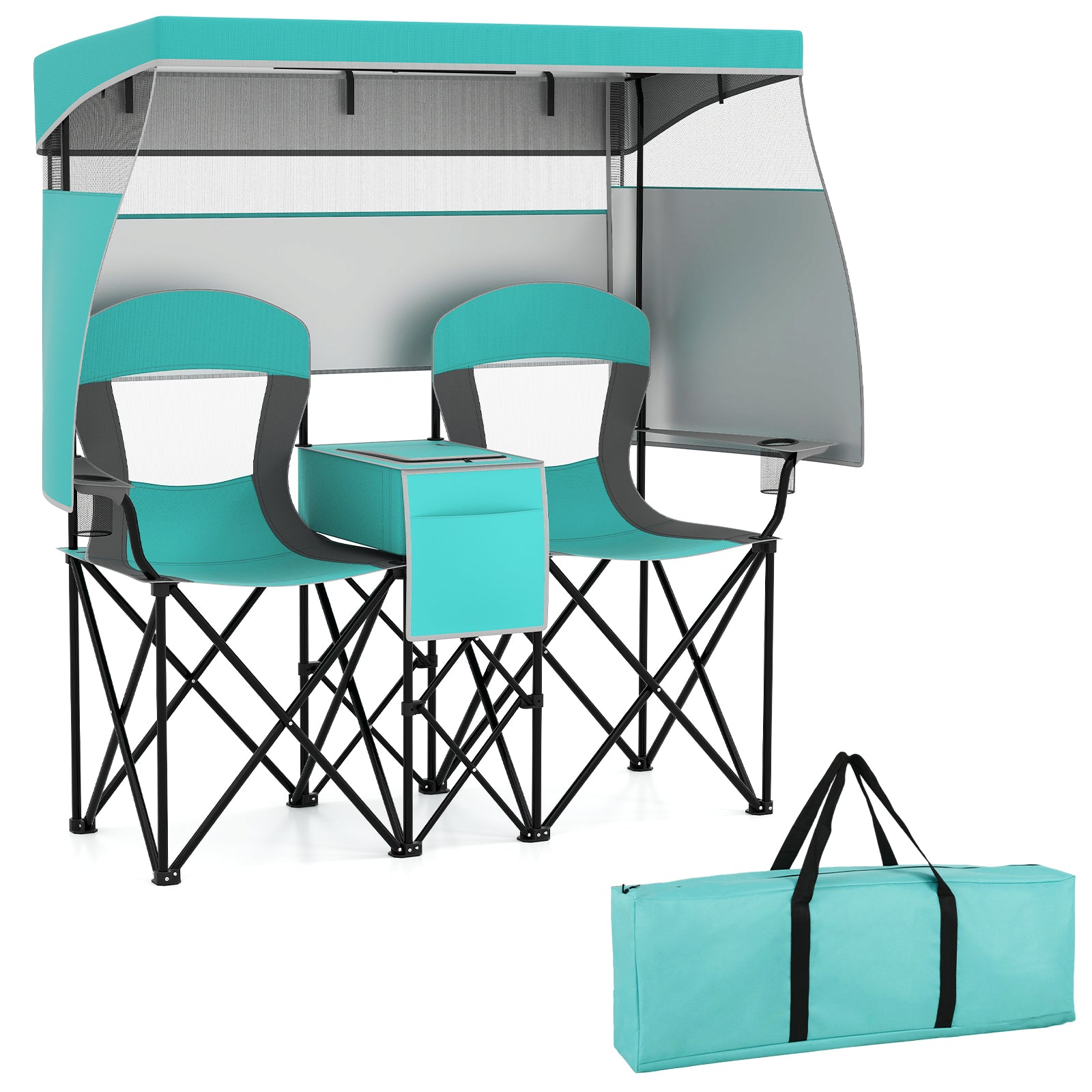Double Beach Chair with Adjustable Canopy and 3 -Side Shading Curtains-Turquoise