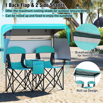 Double Beach Chair with Adjustable Canopy and 3 -Side Shading Curtains-Turquoise