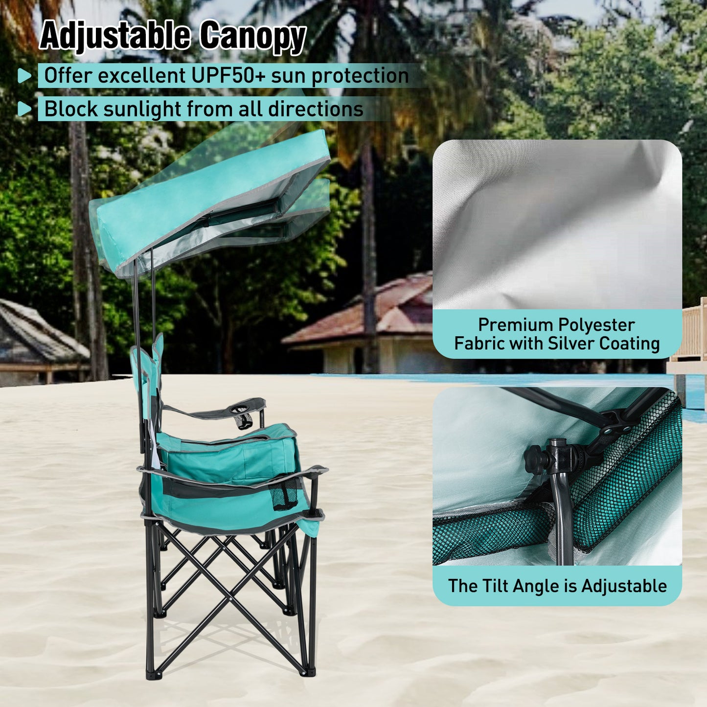 Double Beach Chair with Adjustable Canopy and 3 -Side Shading Curtains-Turquoise