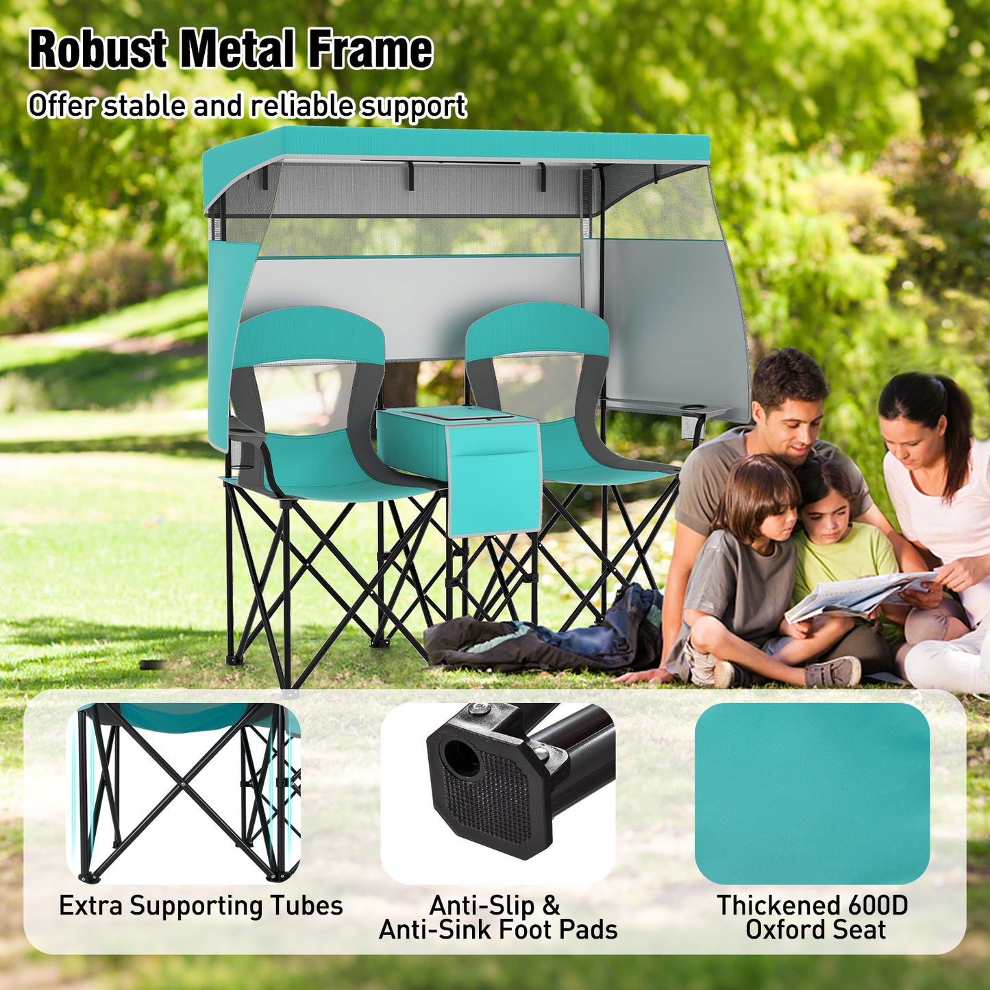 Double Beach Chair with Adjustable Canopy and 3 -Side Shading Curtains-Turquoise