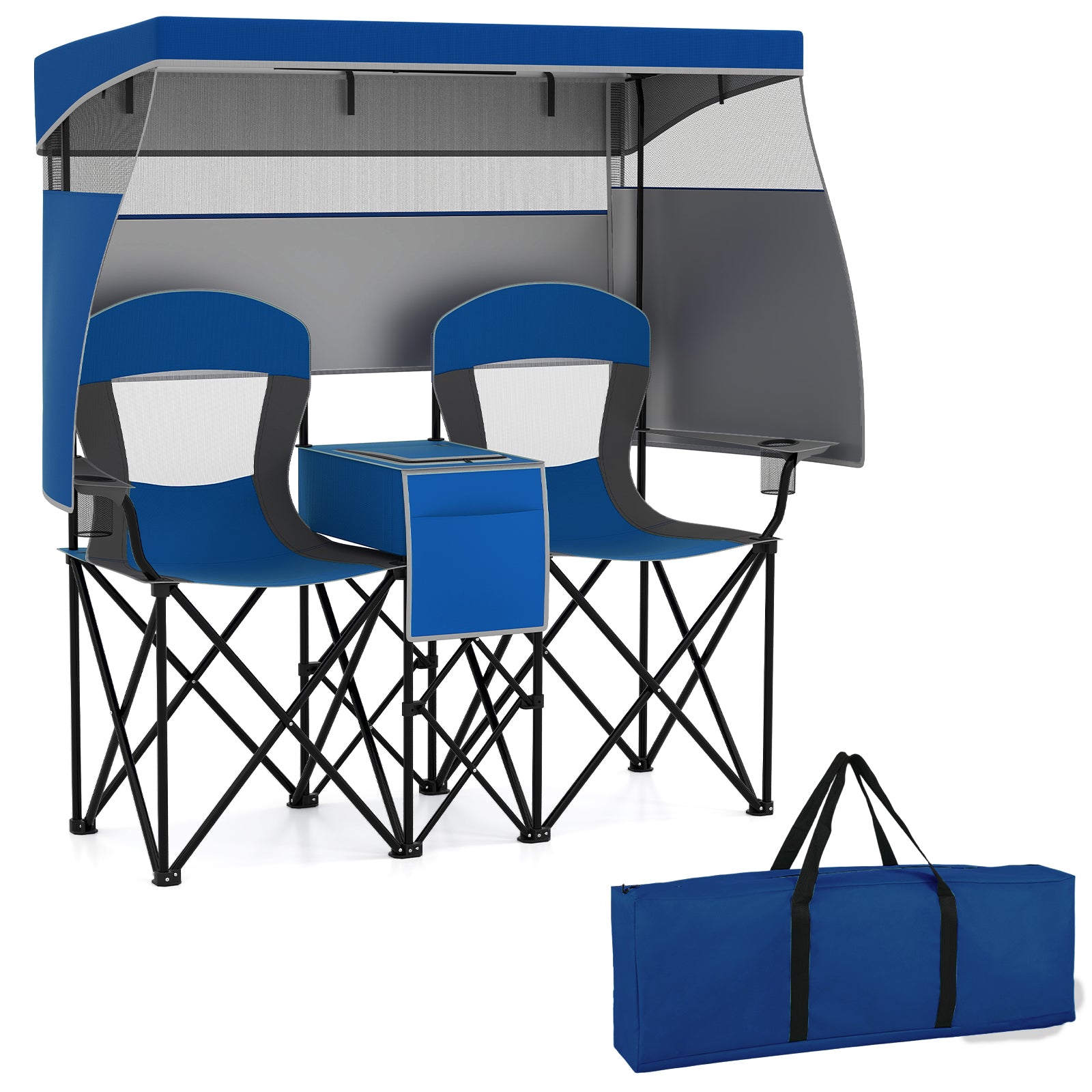 Double Beach Chair with Adjustable Canopy and 3 -Side Shading Curtains-Navy