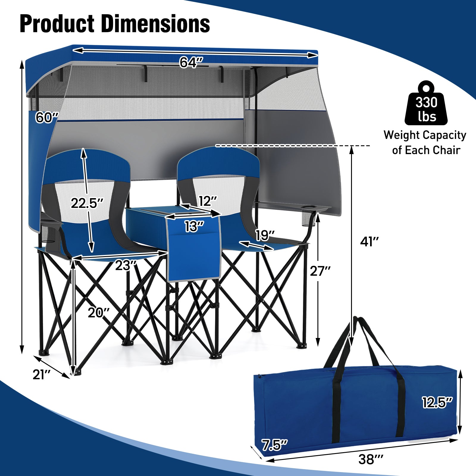 Double Beach Chair with Adjustable Canopy and 3 -Side Shading Curtains-Navy