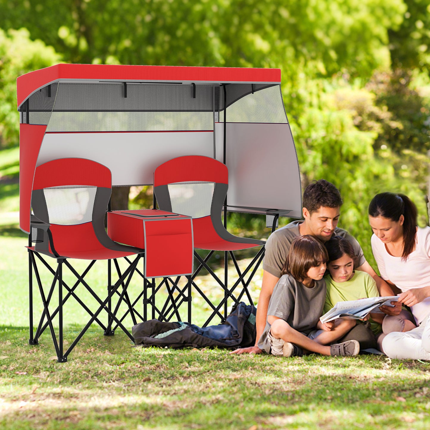 Double Beach Chair with Adjustable Canopy and 3 -Side Shading Curtains-Red