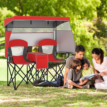 Double Beach Chair with Adjustable Canopy and 3 -Side Shading Curtains-Red