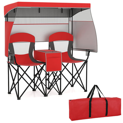 Double Beach Chair with Adjustable Canopy and 3 -Side Shading Curtains-Red