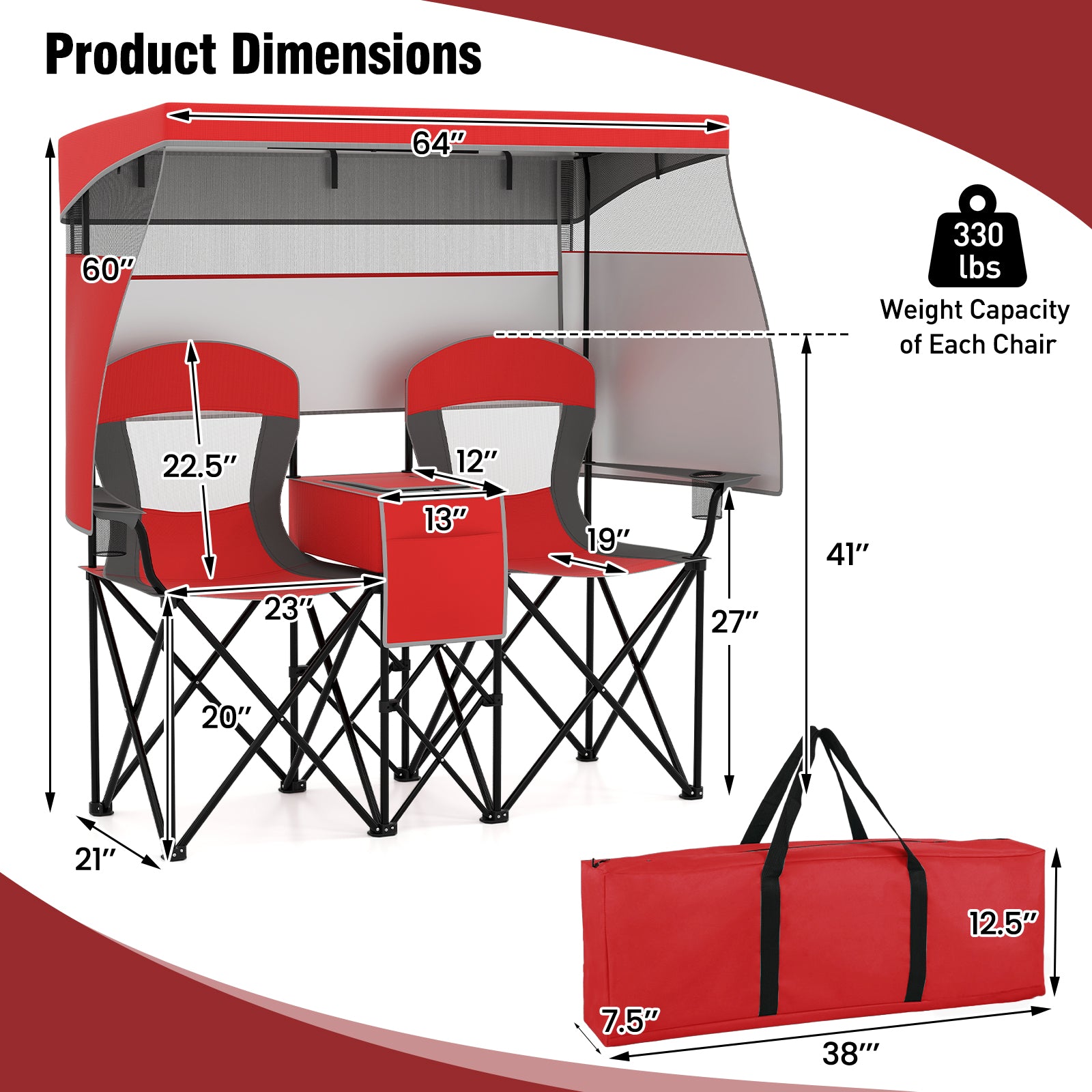 Double Beach Chair with Adjustable Canopy and 3 -Side Shading Curtains-Red