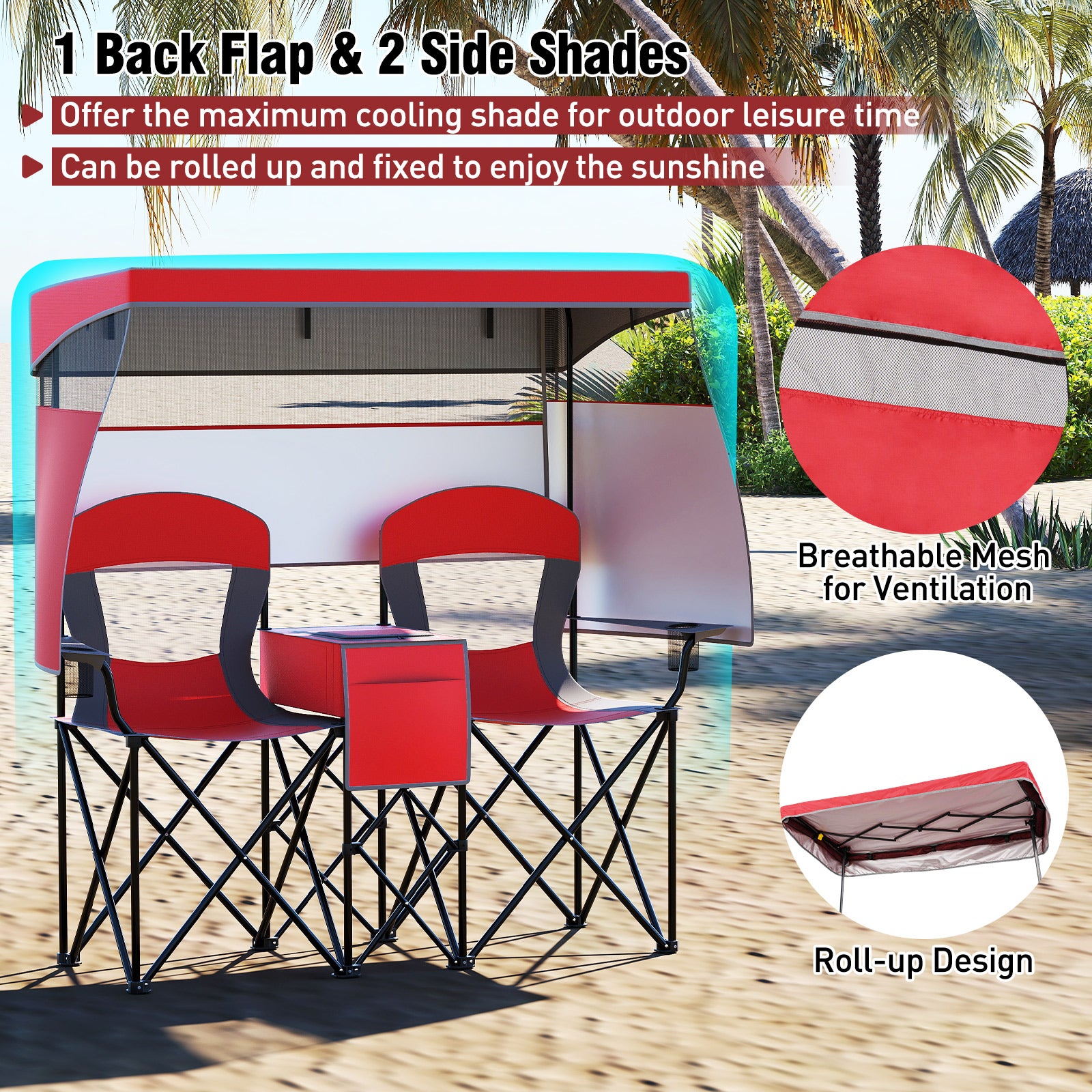 Double Beach Chair with Adjustable Canopy and 3 -Side Shading Curtains-Red