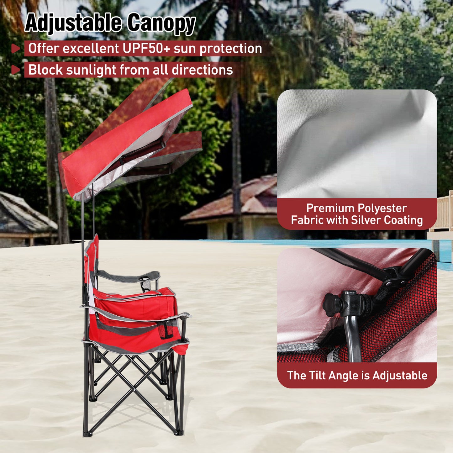 Double Beach Chair with Adjustable Canopy and 3 -Side Shading Curtains-Red