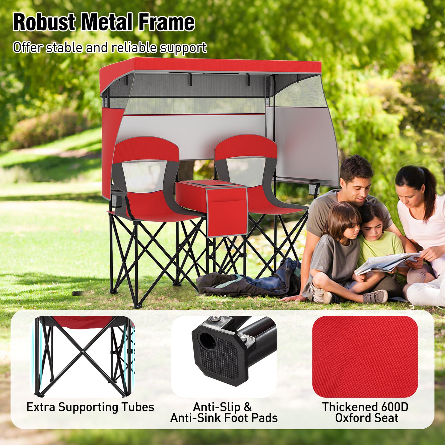Double Beach Chair with Adjustable Canopy and 3 -Side Shading Curtains-Red
