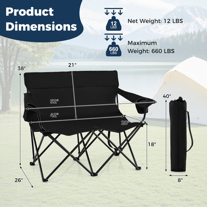 Double Camping Chair 2-Person Outdoor Folding Loveseat with Cup Holders-Black