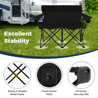 Double Camping Chair 2-Person Outdoor Folding Loveseat with Cup Holders-Black
