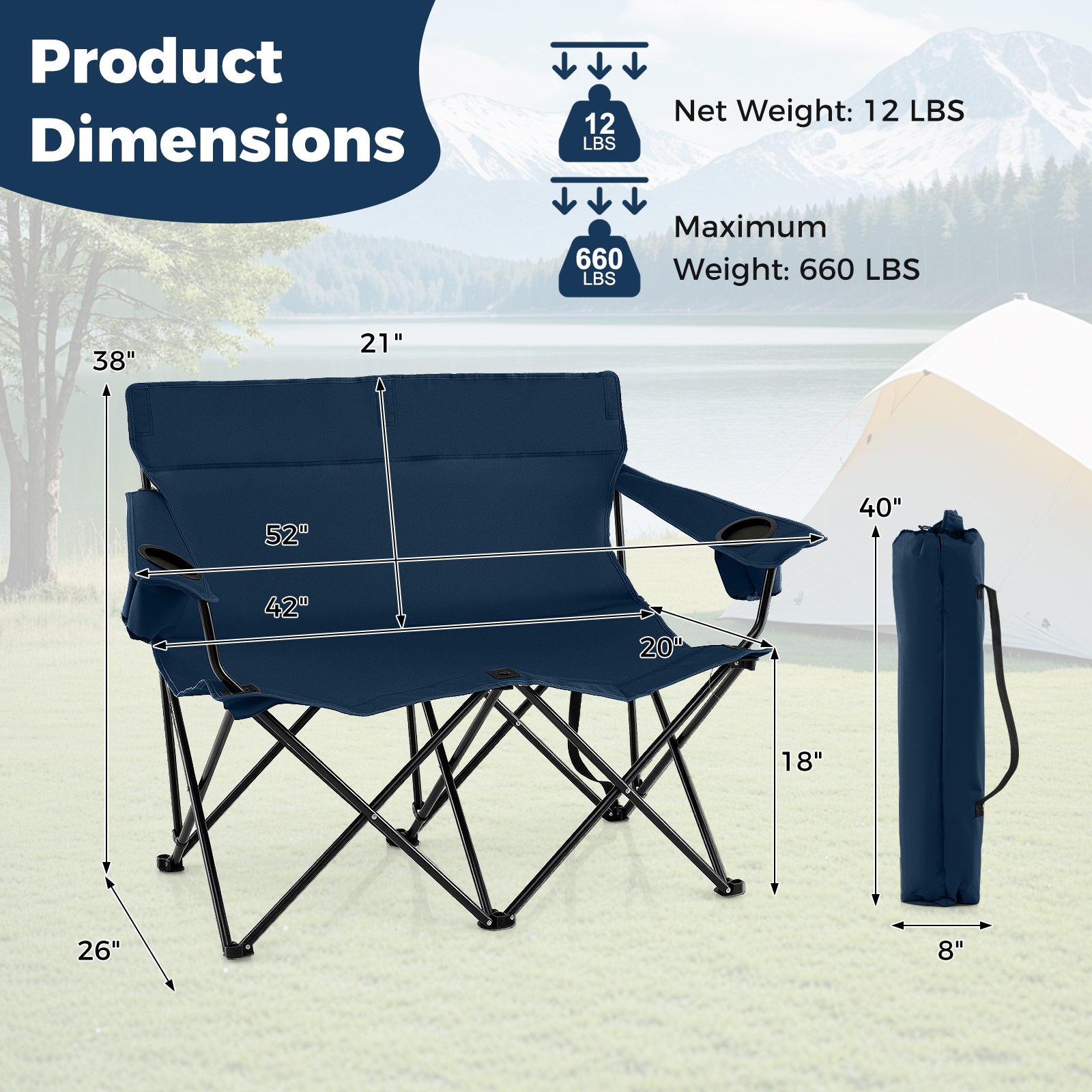 Double Camping Chair 2-Person Outdoor Folding Loveseat with Cup Holders-Blue