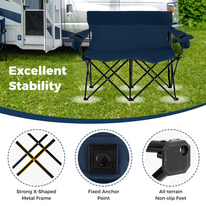 Double Camping Chair 2-Person Outdoor Folding Loveseat with Cup Holders-Blue