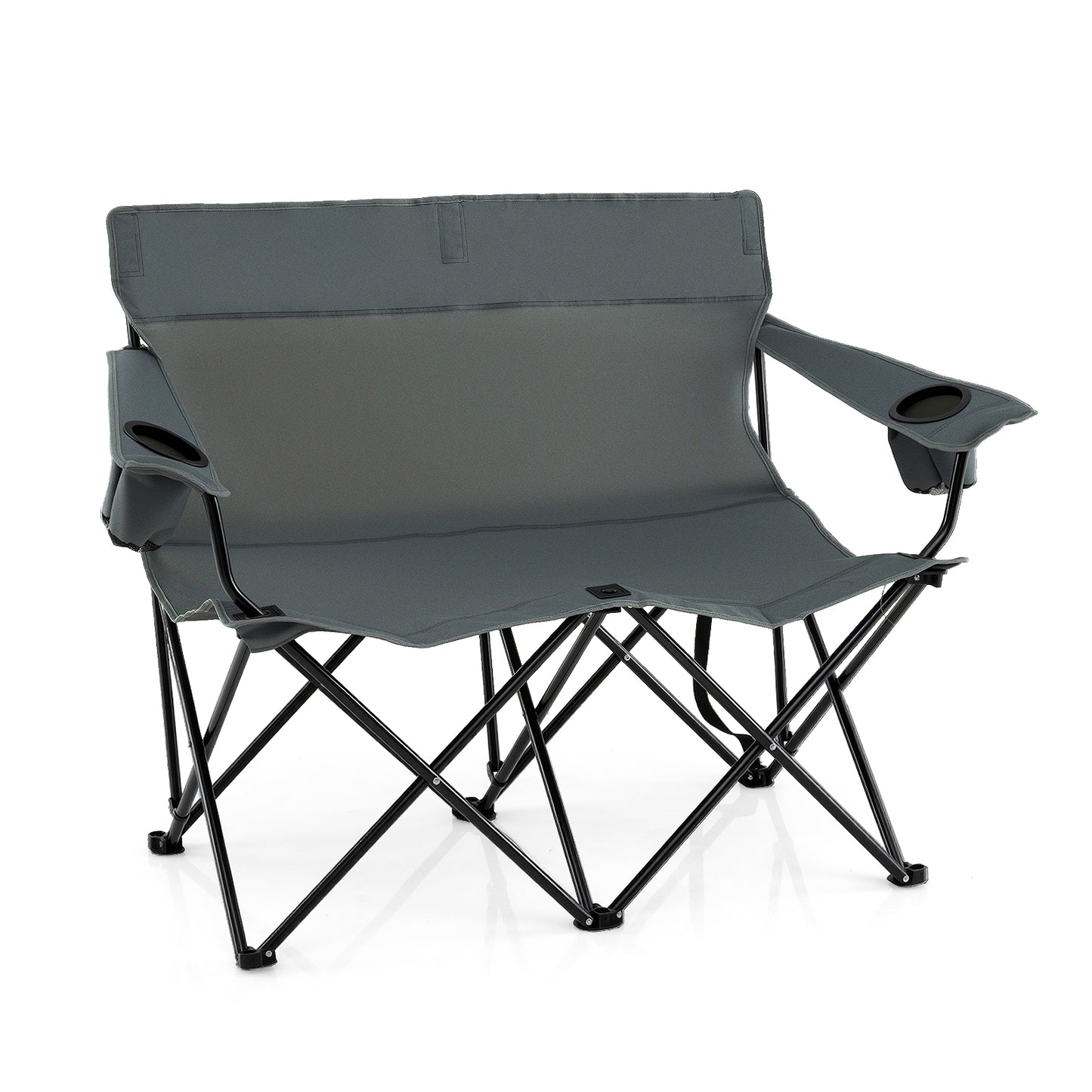 Double Camping Chair 2-Person Outdoor Folding Loveseat with Cup Holders-Gray