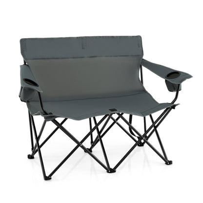 Double Camping Chair 2-Person Outdoor Folding Loveseat with Cup Holders-Gray
