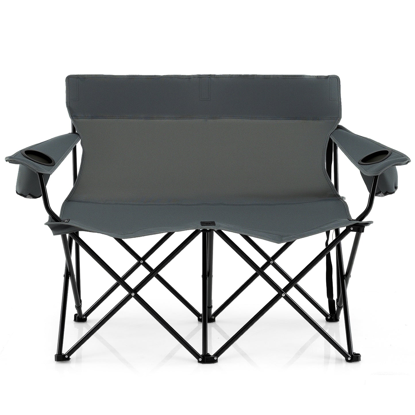 Double Camping Chair 2-Person Outdoor Folding Loveseat with Cup Holders-Gray