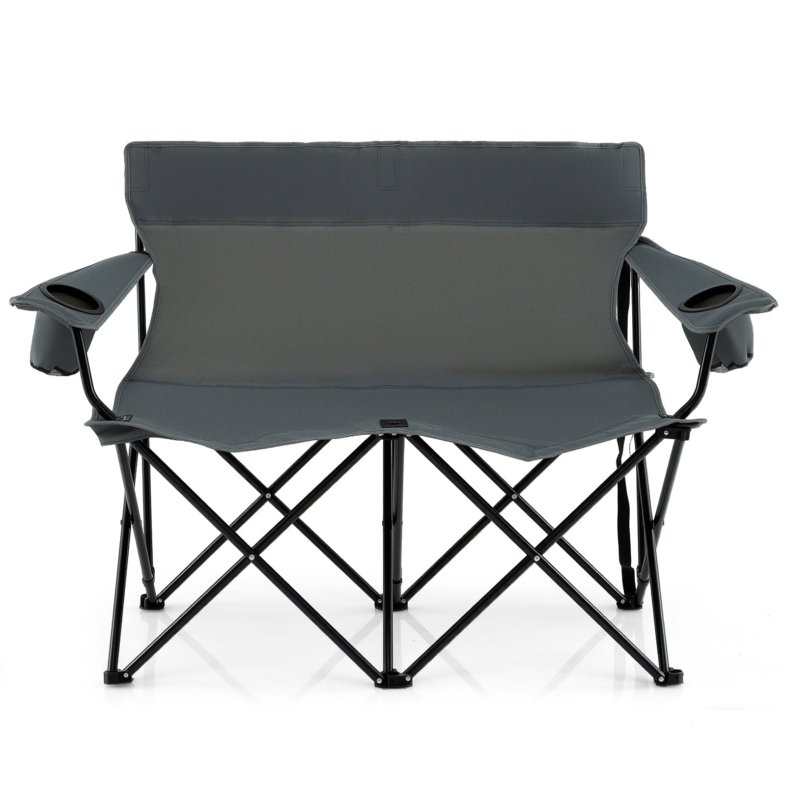 Double Camping Chair 2-Person Outdoor Folding Loveseat with Cup Holders-Gray