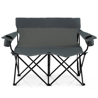 Double Camping Chair 2-Person Outdoor Folding Loveseat with Cup Holders-Gray