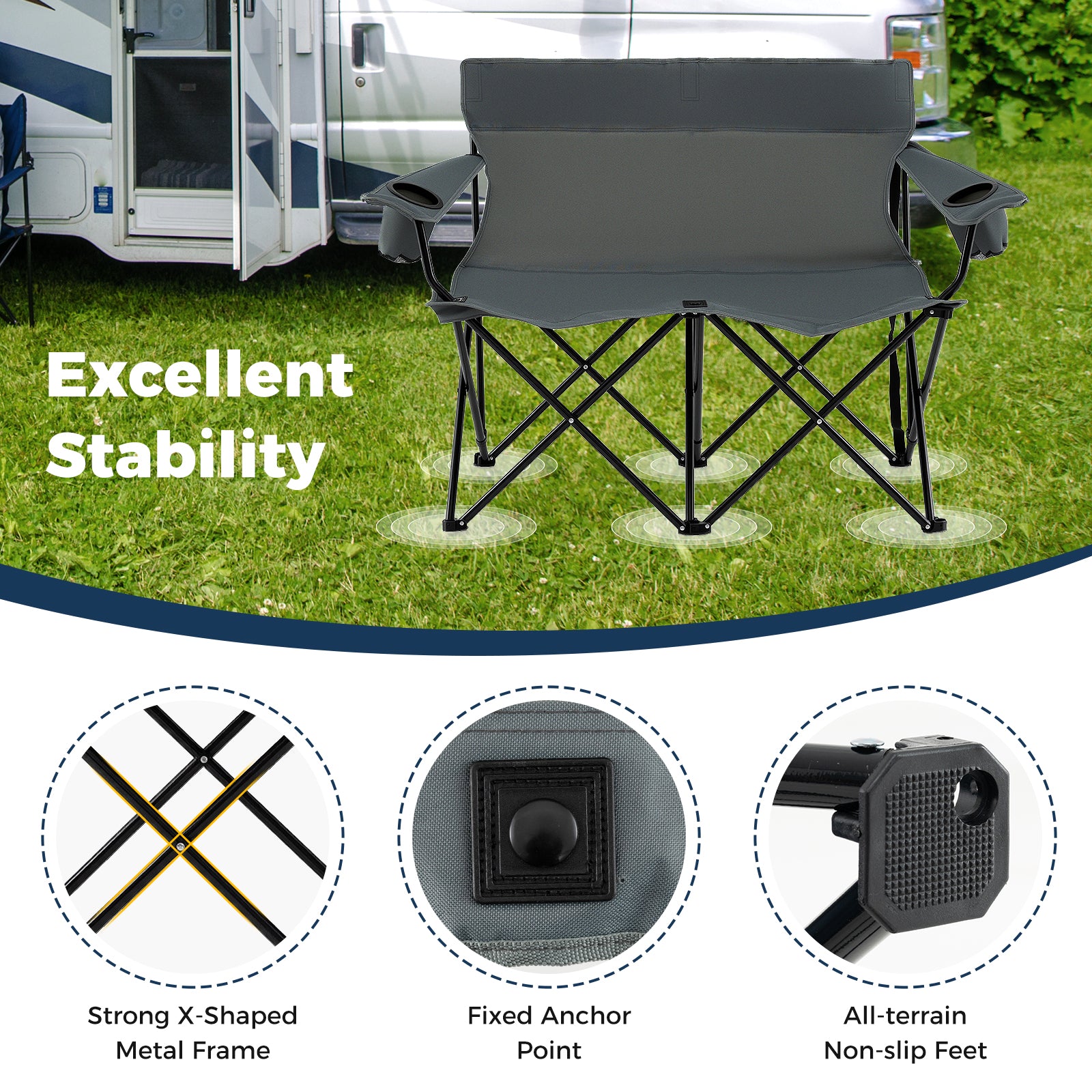 Double Camping Chair 2-Person Outdoor Folding Loveseat with Cup Holders-Gray